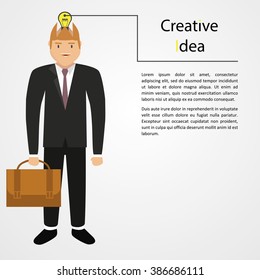 Flat design colorful vector illustration of man with light bulb head holding briefcase, concept for creative efficient employee, bright business idea isolated on bright background