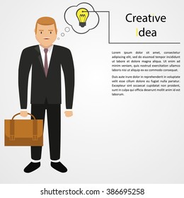 Flat design colorful vector illustration of man with light bulb near head , concept for creative efficient employee, bright business idea isolated on bright background