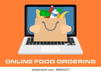 Flat design colorful vector illustration concept for online ordering of food, grocery delivery