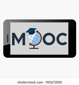 Flat design colorful vector illustration concept for MOOC, Massive Open Online Courses, globe with square academic cap on the smartphone screen, isolated on grey background
