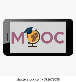 Flat design colorful vector illustration concept for MOOC, Massive Open Online Courses, globe with square academic cap on the smartphone screen, isolated on grey background