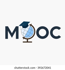 Flat design colorful vector illustration concept for MOOC, Massive Open Online Courses, globe with square academic cap, isolated on grey background
