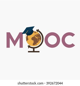 Flat design colorful vector illustration concept for MOOC, Massive Open Online Courses, globe with square academic cap, isolated on grey background
