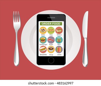 Flat design colorful vector illustration concept for fast food delivery. app interface design with icons on mobile display