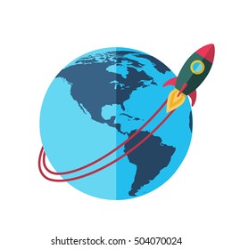 Flat design colorful vector illustration of flying rocket in space, concept for business startup, product launching on market isolated on stylish background.