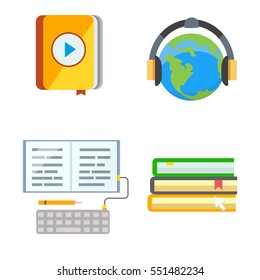 Flat design colorful vector illustration concept of distance education, online learning for web banners and print materials. E- webinar Isolated.