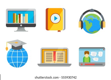 Flat design colorful vector illustration concept of distance education, online learning for web banners and print materials. E- webinar Isolated.