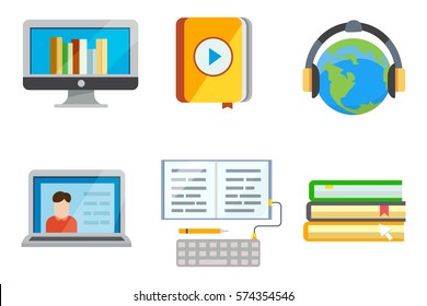 Flat design colorful vector illustration concept of distance education, online learning for web banners and print materials. E- webinar Isolated.