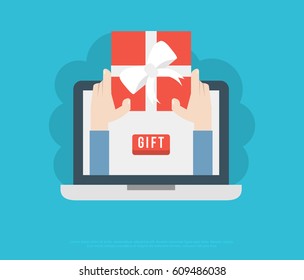 Flat design colorful vector illustration concept for online gifts ordering and delivery service isolated on bright background