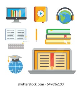 Flat design colorful vector illustration concept of distance education, online learning for web banners and print materials. E- webinar Isolated.