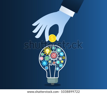 Flat design colorful vector illustration concept for crowdfunding, investing into ideas. Blue hand puts a coin in a light bulb.