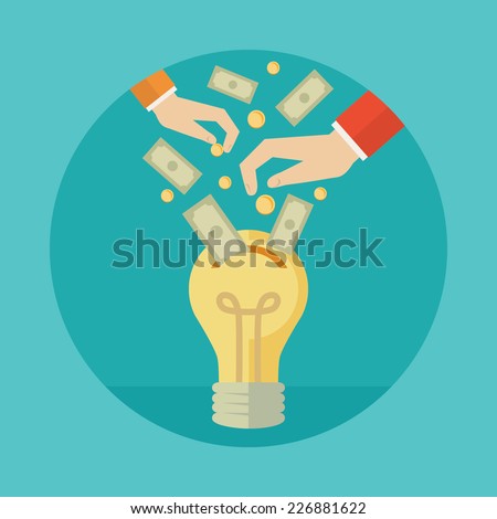 Flat design colorful vector illustration concept for crowdfunding, investing into ideas isolated on bright background