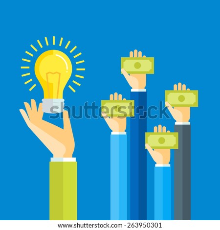 Flat design colorful vector illustration concept for investing into ideas, crowdfunding, funding project by raising monetary contributions, venture capital isolated on bright background