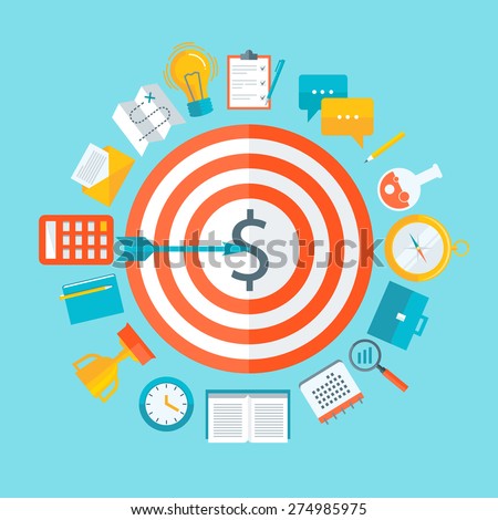 Flat design colorful vector illustration concept for strategic management, financial strategy, getting profit, business process isolated on bright background