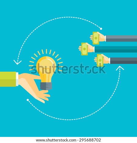 Flat design colorful vector illustration concept for investing into ideas, funding project by raising monetary contributions, venture capital isolated on bright background