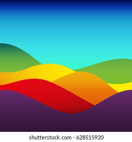 Flat design colorful waves or hills on landscape. Simple template with waves in spectrum colors. 