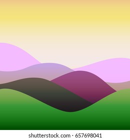 Flat design colorful waves or hills on landscape. Simple template with waves in spring colors. 