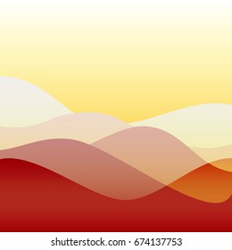 Flat design colorful waves or hills on landscape. Simple template with waves in sunset or sunrise colors. 