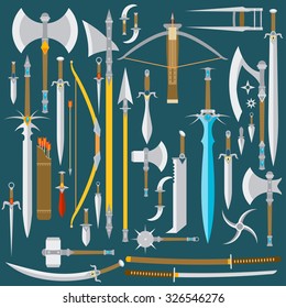 Conjunto de armas frías medievales de colores de diseño plano
