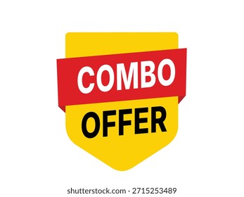 -Flat design combo offer label featuring a yellow shield shape and a red ribbon banner with white typography. Isolated promotional sticker suitable for sales, discounts, retail, and e-commerce marketing campaigns.