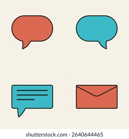 Flat Design Communication Icons Including Red and Blue Speech Bubbles, Text Chat Box, and Red Envelope