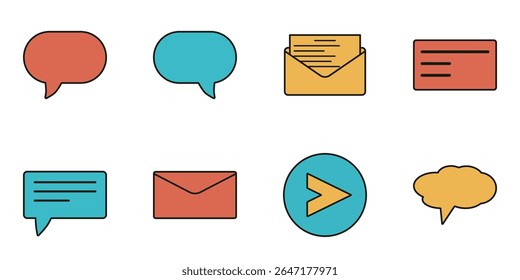 Iconos planos de la comunicación del diseño que incluyen burbujas del chat, sobres del email, y símbolos de la mensajería en el fondo blanco