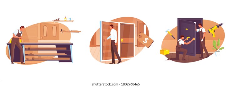 Flat design composition with door shop manufacture and installation process isolated vector illustration 