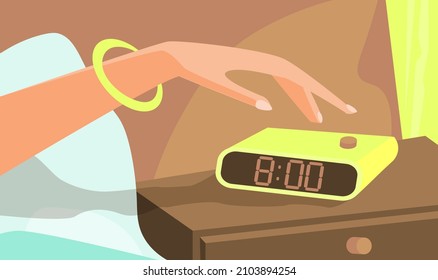 Flat design composition with girl’s hand pushing on button alarm clock