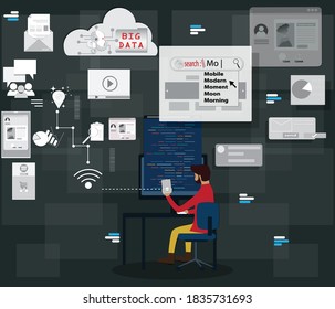 Diseño plano del concepto de programación computacional, Joven está creando una plataforma social en sus dispositivos - vectores Ilustración