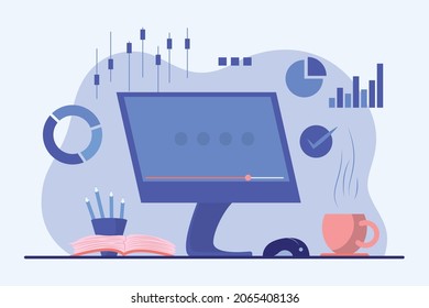 Flat design Computer Illustration with social media analysis and cup of coffee