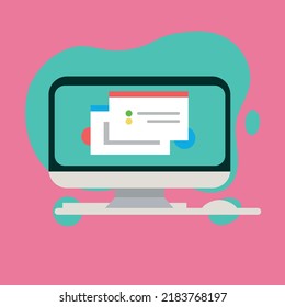 Flat design computer with keyboard and mouse on pink screen Vector.