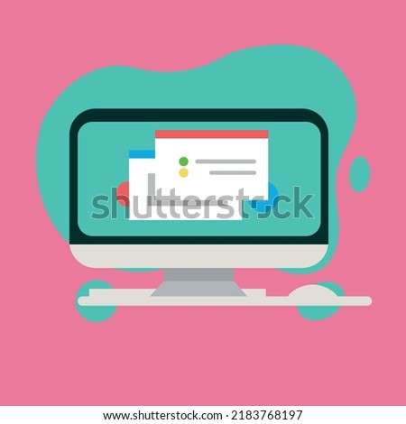 Flat design computer with keyboard and mouse on pink screen Vector.