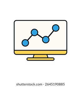 Monitor de computadora de diseño plano con gráfico de análisis de datos y línea de tendencia azul que muestra el crecimiento del rendimiento