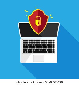 Flat design of computer security concept. Laptop with red shield and lock on screen.  Vector illustration.