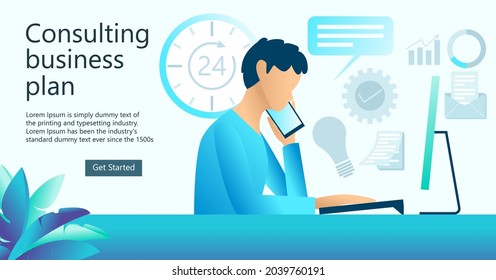 Concepto de diseño plano sobre consultoría de plan de negocio, gestor de cuentas clave. Ilustración vectorial para banner de sitio web, material de marketing, presentación de negocios, publicidad en línea.