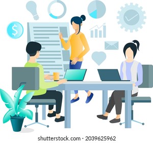 Flat design concept about meeting, business presentation, training, annual report. Vector illustration for website banner, marketing material, business presentation, online advertising.