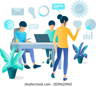 Diseño plano sobre reunión, presentación de negocios, formación, informe anual. Ilustración vectorial para banner de sitio web, material de marketing, presentación de negocios, publicidad en línea.