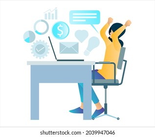 Flat design concept about successful business woman with arms up - Vector illustration for website banner, marketing material, business presentation, online advertising