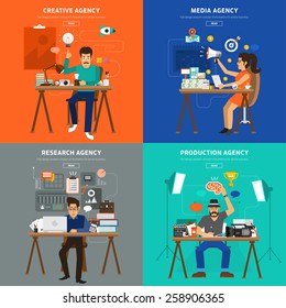 Flat design concept advertising agency type. Creative , Media, Research, and Production house agency.Vector Illustrate for banner and article design