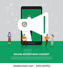 Flat design concept advertising digital marketing.  Group people development icon Megaphone and internet device meaning to advertising online. Vector illustrate.
