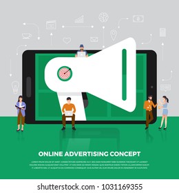 Flat design concept advertising digital marketing.  Group people development icon Megaphone and internet device meaning to advertising online. Vector illustrate.