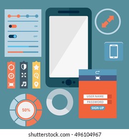 Flat design concept for app development with smartphone, tools, programing code.
