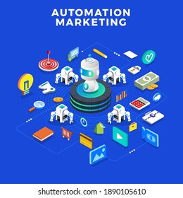 Flat design concept automation marketing. Digital marketing tools. Design template for website and banner. Vector illustrate.