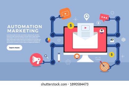 Flat Design Concept Automation Marketing. Digital Marketing Tools. Design Template For Website And Banner. Vector Illustrate.