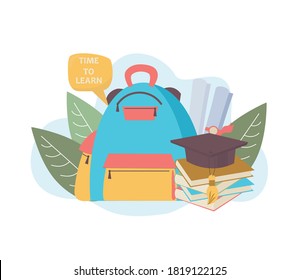 Flat design concept of Back to school, time to learn, e-learning and online class. Vector illustration with big bag and school supplies for website banner, marketing material, presentation template,  
