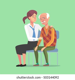 Flat design concept of bank management service for elder people. Cartoon illustration old woman and bank clerk. Finance,bank and insurance concept