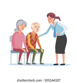 Flat design concept of bank management service for elder people. Cartoon illustration old woman and bank clerk. Finance,bank and insurance concept