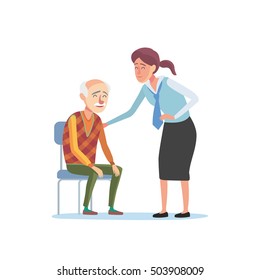 Flat design concept of bank management service for elder people. Cartoon illustration old woman and bank clerk. Finance,bank and insurance concept