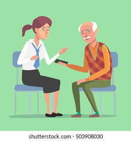 Flat design concept of bank management service for elder people. Cartoon illustration old woman and bank clerk. Finance,bank and insurance concept