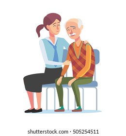 Flat design concept of bank management service for elder people. Cartoon illustration old woman and bank clerk. Finance,bank and insurance concept